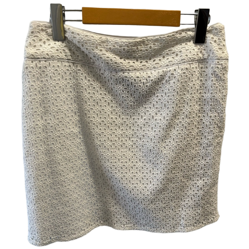 SANDRO Eyelet Lace Mini Skirt Size 8 White Lined Side Zipper Floral Preppy
